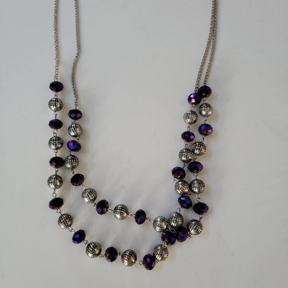 Purple Beaded Necklace with Silver Accent Long Chain Boho Jewelry Statement Gift - Picture 4 of 10